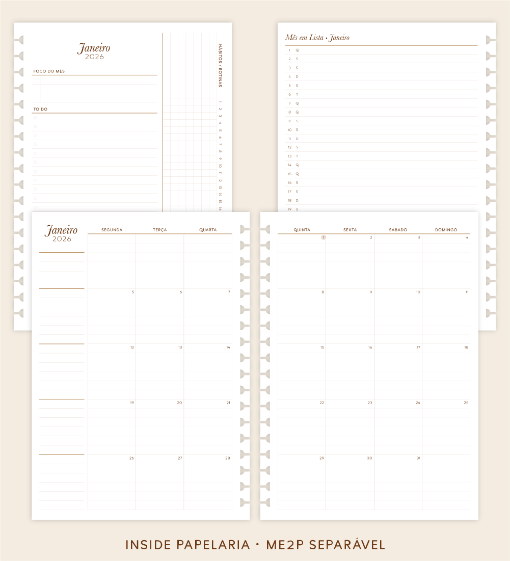 Insert Planner - ME2P Mês em 2 Páginas (datado 2026 - meses separáveis) | 120g/m²