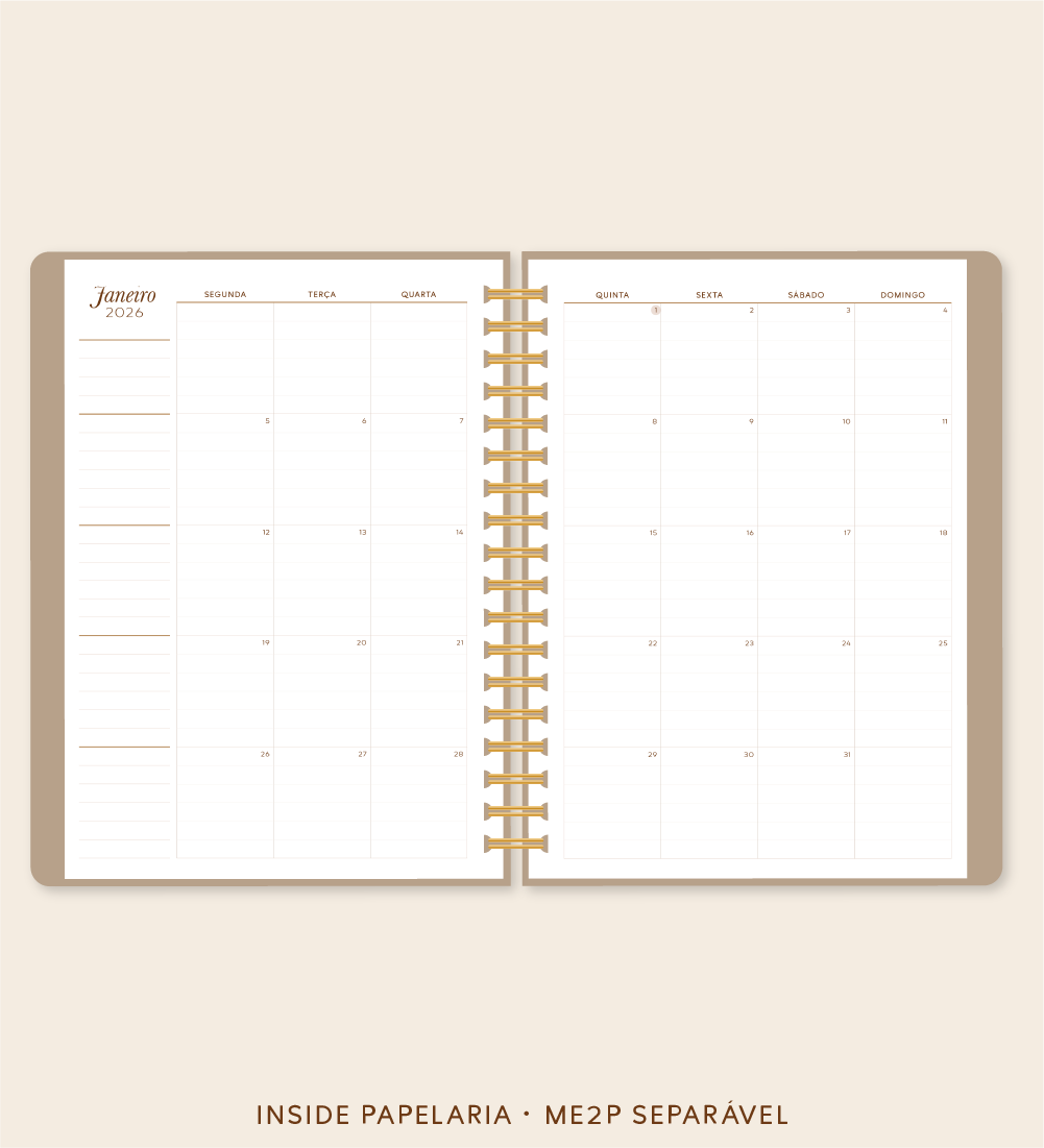 Insert Planner - ME2P Mês em 2 Páginas (datado 2026 - meses separáveis) | 120g/m²