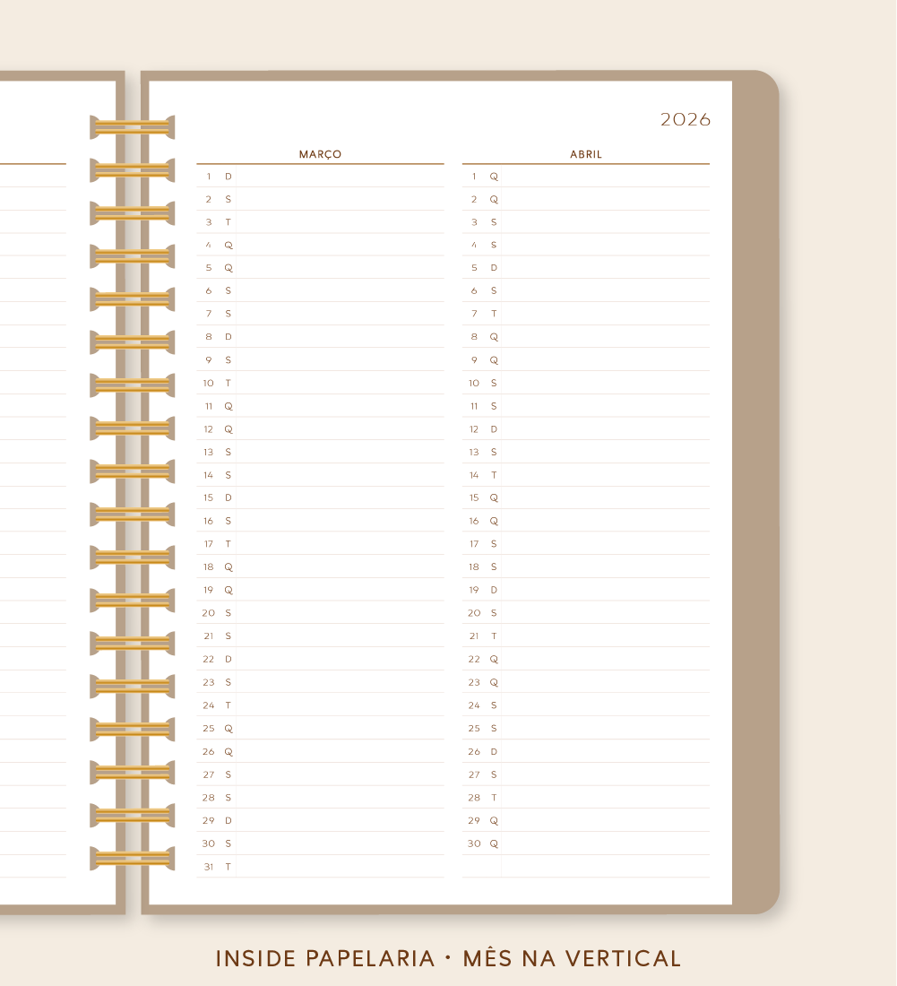 Insert Planner - Mês na Vertical (datado 2026) | 120g/m²
