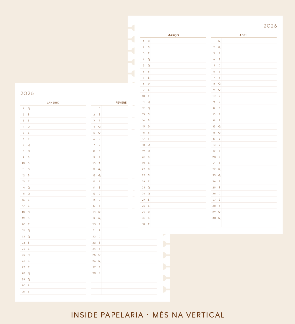 Insert Planner - Mês na Vertical (datado 2026) | 120g/m²