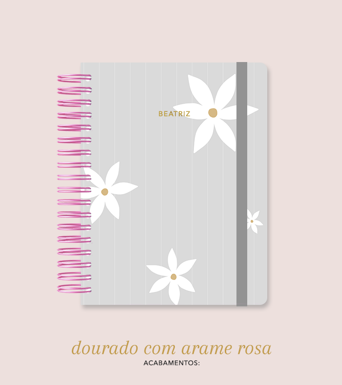 Capa + Espiral Colegial Cinza Listrado Flores | com Bolso e Divisórias