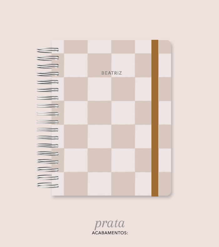 Capa + Espiral Colegial Marrom Checkered | com Bolso e Divisórias