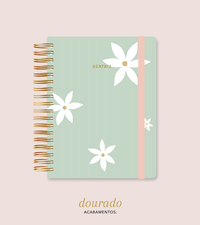 Capa + Espiral Colegial Verde Listrado Flores Grandes | com Bolso e Divisórias
