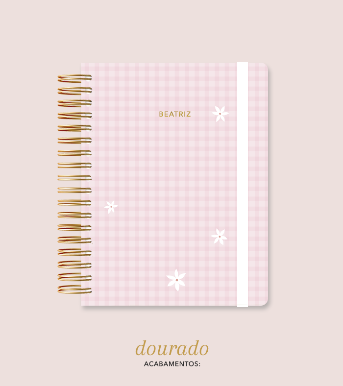 Capa + Espiral Colegial Rosa Xadrez Flores Pequenas | com Bolso e Divisórias
