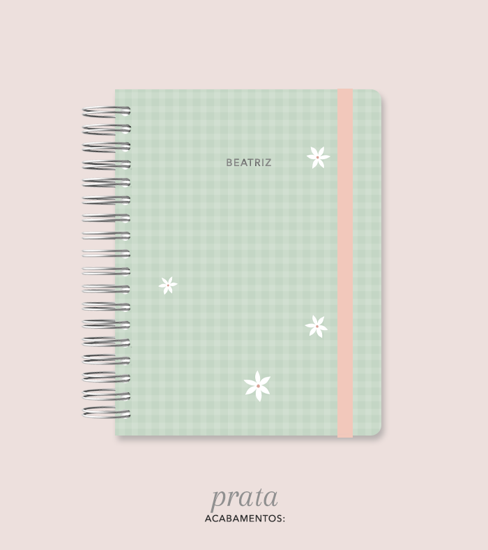 Capa + Espiral Colegial Verde Xadrez Flores | com Bolso e Divisórias