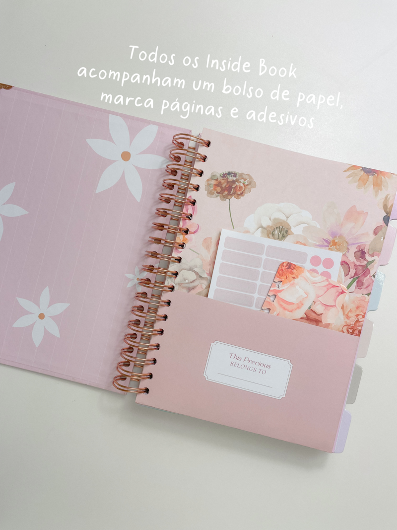 Capa + Espiral Colegial Rosa Listrado Flores Grandes | com Bolso e Divisórias