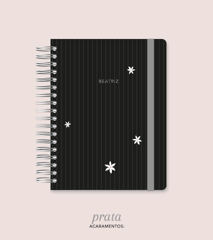 Capa + Espiral Colegial Preto Listrado Flores Pequenas | com Bolso e Divisórias