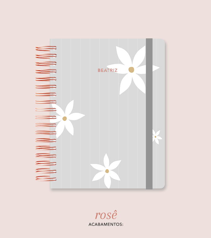 Capa + Espiral Colegial Cinza Listrado Flores | com Bolso e Divisórias