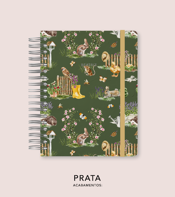 Capa + Espiral Colegial Jardim Secreto Estampa Verde Escuro | com Bolso e Divisórias