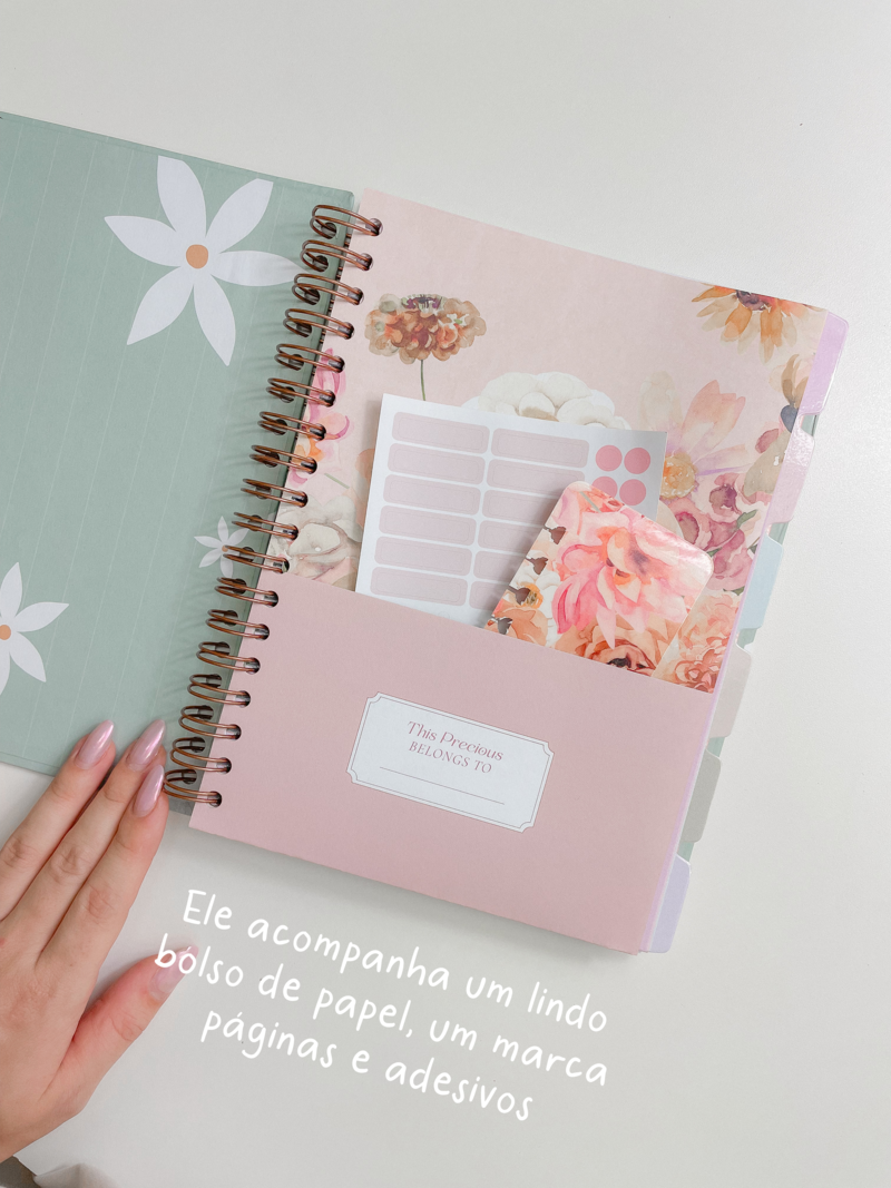Capa + Espiral Colegial Verde Listrado Flores Grandes | com Bolso e Divisórias