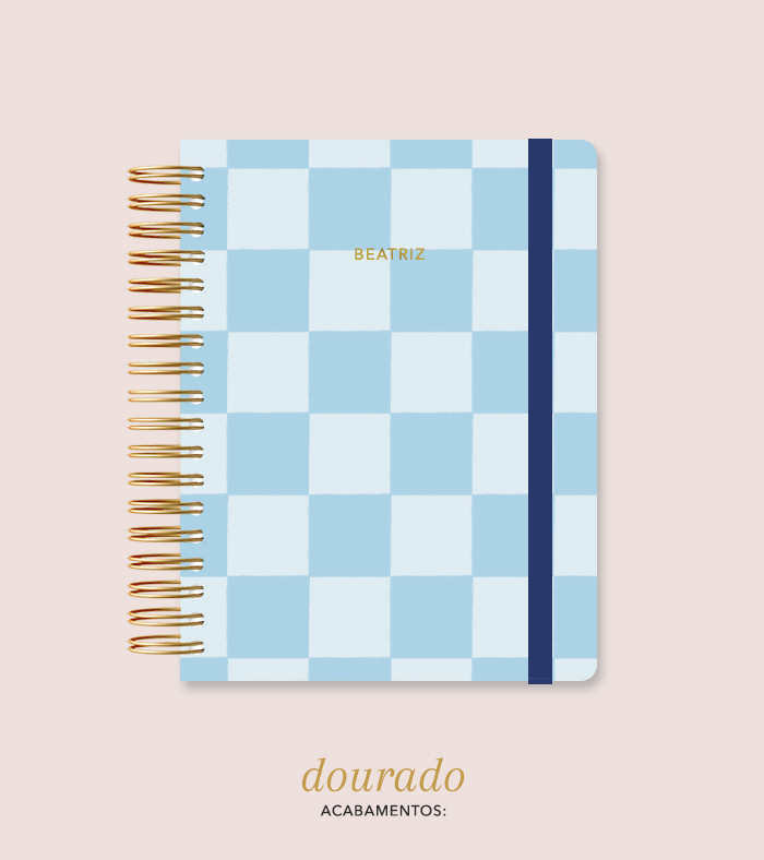 Capa + Espiral Colegial Azul Checkered | com Bolso e Divisórias