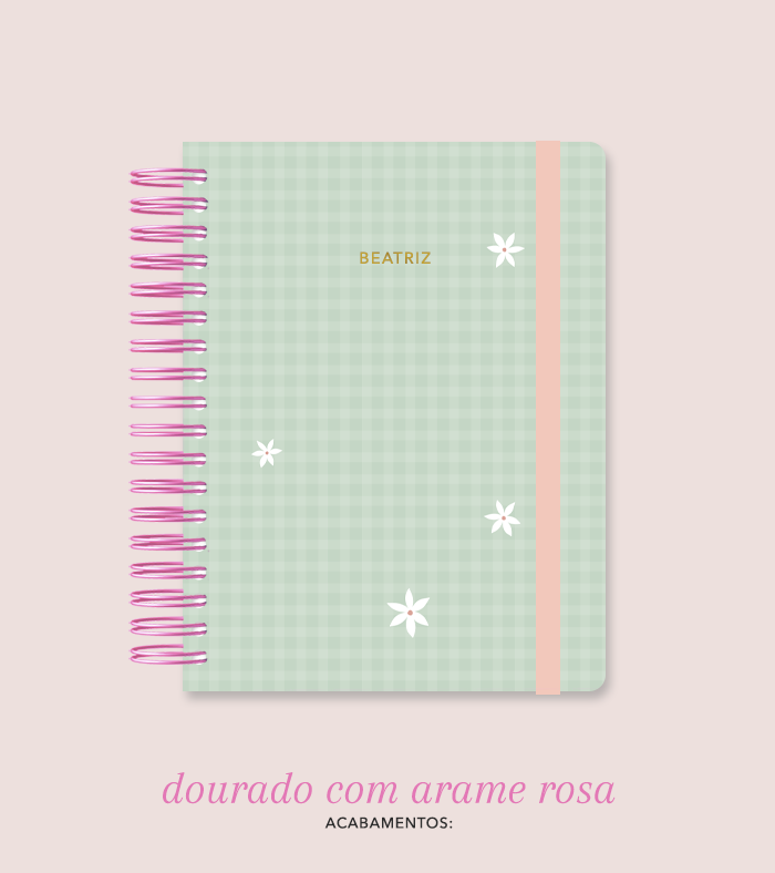 Capa + Espiral Colegial Verde Xadrez Flores | com Bolso e Divisórias