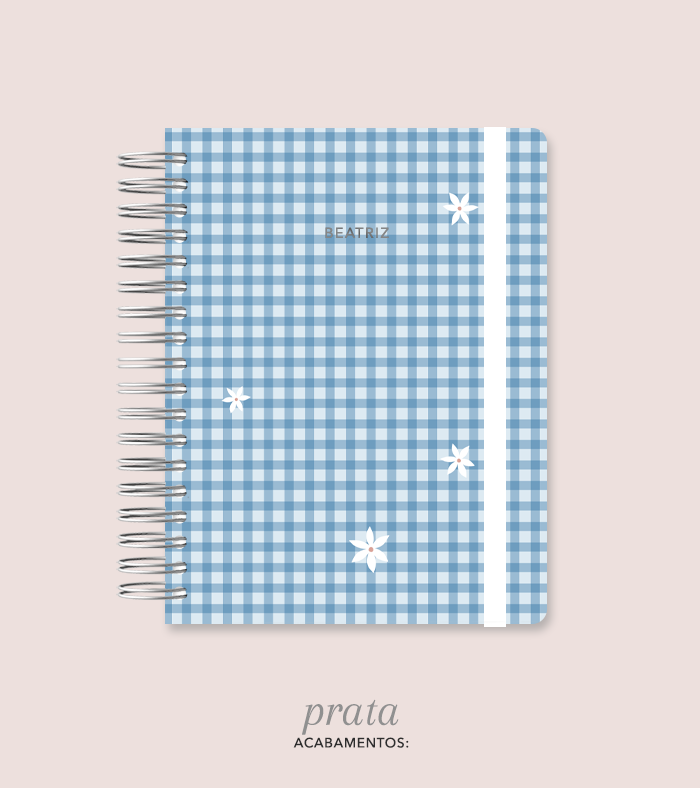 Capa + Espiral Colegial Navy Xadrez Flores | com Bolso e Divisórias