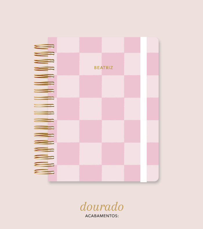 Capa + Espiral Colegial Rosa Checkered | com Bolso e Divisórias
