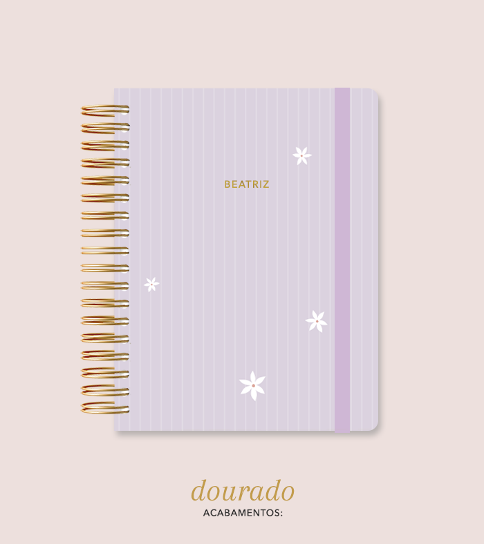 Capa + Espiral Colegial Lilás Listrado Flores Pequenas | com Bolso e Divisórias