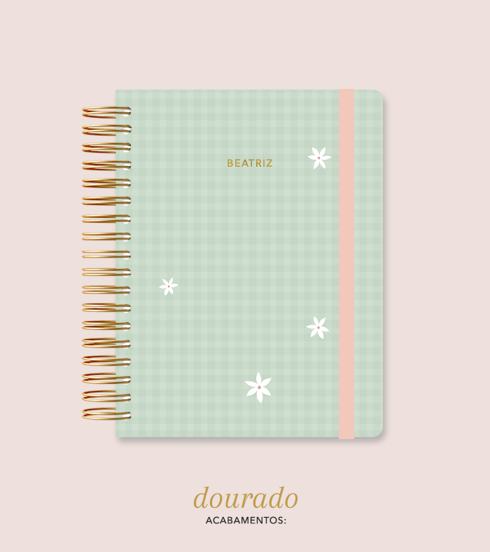Capa + Espiral Colegial Verde Xadrez Flores | com Bolso e Divisórias