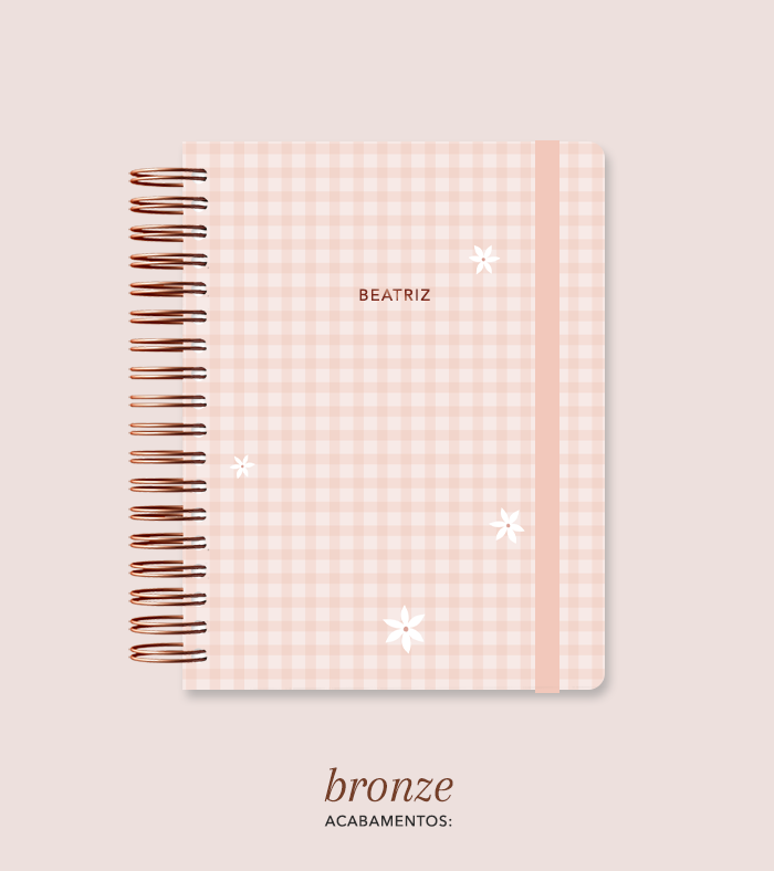 Capa + Espiral Mini Pêssego Xadrez Flores Pequenas | com Bolso e Divisórias