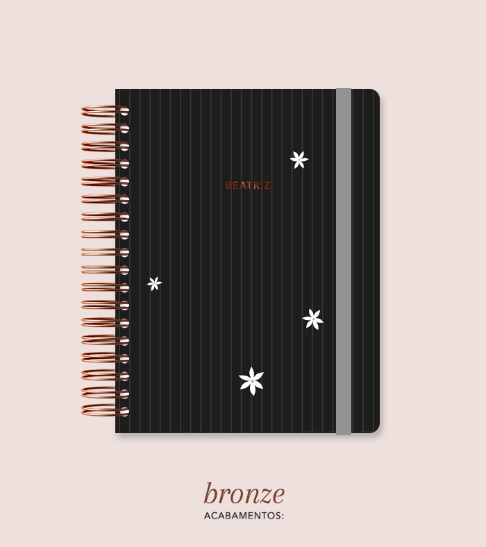 Capa + Espiral Mini Preto Listrado Flores Pequenas | com Bolso e Divisórias