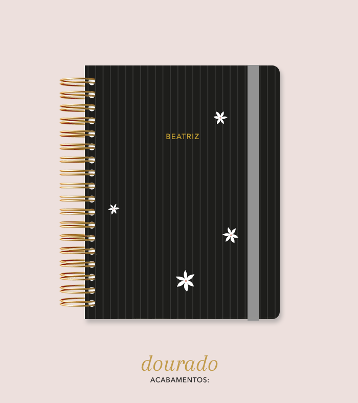 Capa + Espiral Mini Preto Listrado Flores Pequenas | com Bolso e Divisórias