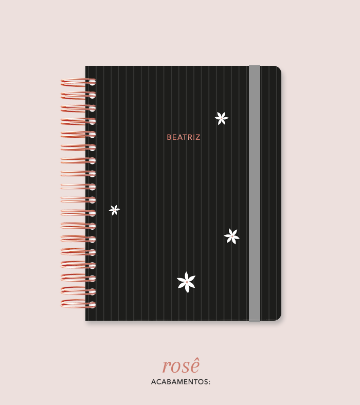 Capa + Espiral Mini Preto Listrado Flores Pequenas | com Bolso e Divisórias