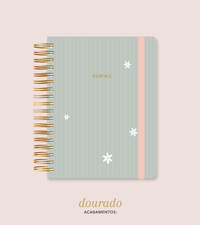 Capa + Espiral Mini Verde Listrado Flores Pequenas | com Bolso e Divisórias