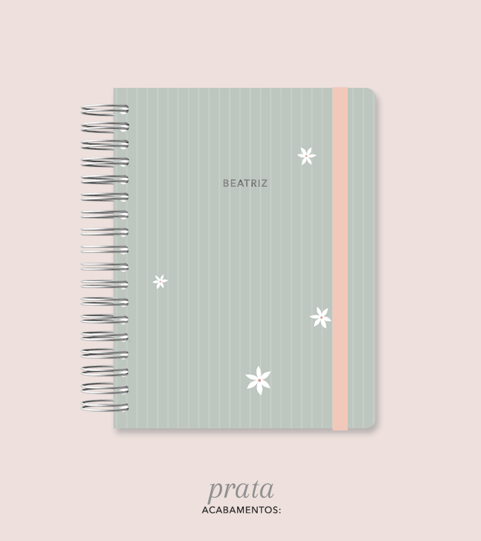 Capa + Espiral Mini Verde Listrado Flores Pequenas | com Bolso e Divisórias