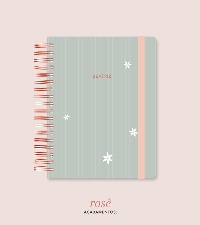 Capa + Espiral Mini Verde Listrado Flores Pequenas | com Bolso e Divisórias