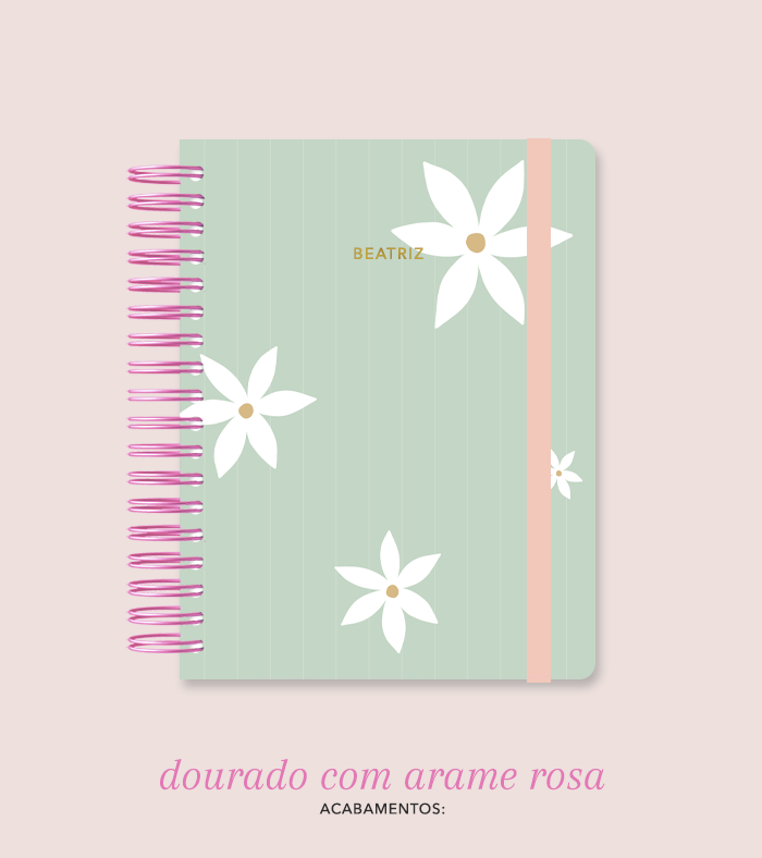 Capa + Espiral Colegial Verde Listrado Flores Grandes | com Bolso e Divisórias